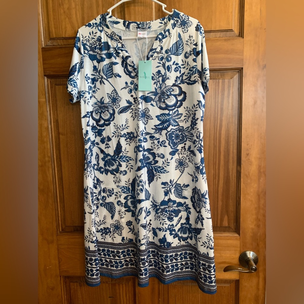 Navy and White Floral Midi Dress